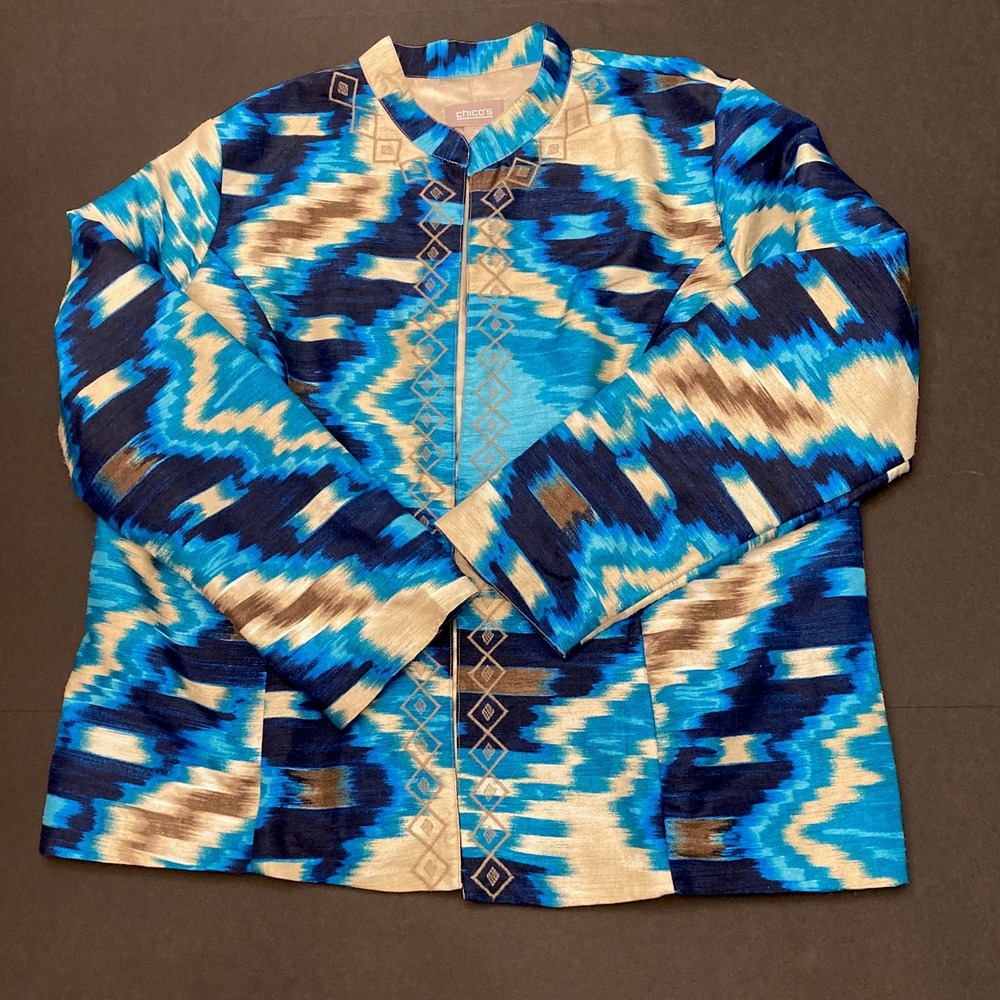 Chicos Sz 3 Blazer Jacket Blue‎ Ikat Print Womens Large Open Front  No Collar